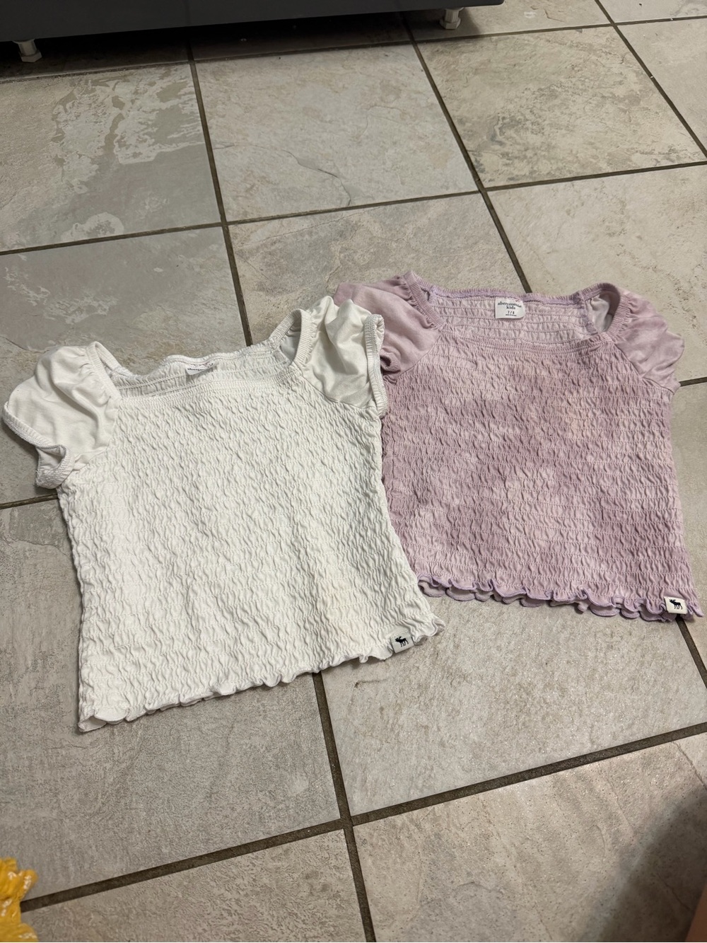 abercrombie kids White and Light Purple Smocked Puff Sleeve Tees
